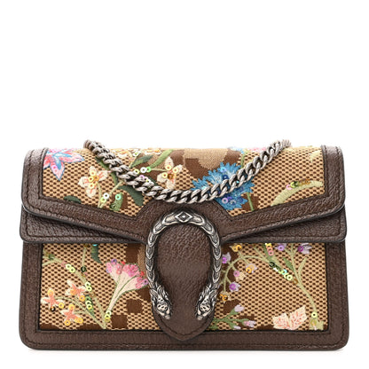 Gucci Monogram Jumbo GG Textured Dollar Calfskin Embroidered Super Mini Dionysus Shoulder Bag Camel Ebony New Acero Multicolor 1 of 10