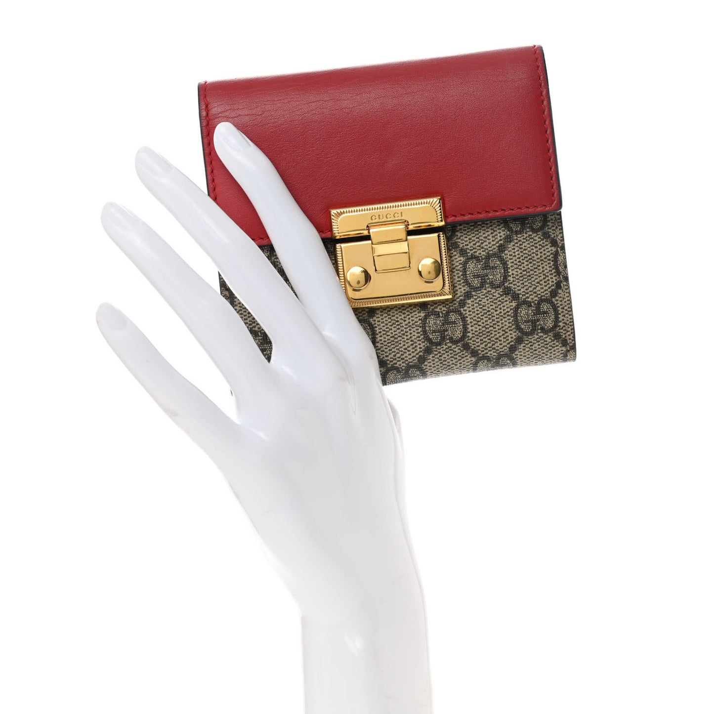 GG Supreme Monogram Calfskin Padlock Wallet Beige Hibiscus Red New Rosette
