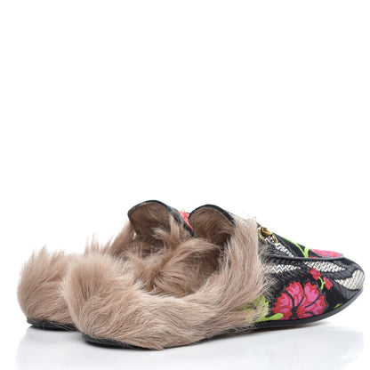 Gucci Brocade Fur Floral Womens Princetown Slippers 40 Black Anthracite 4 of 9