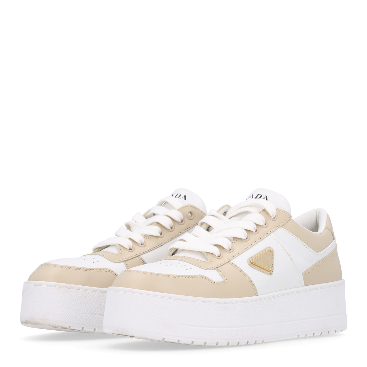 Prada Vitello Rois Triangle Womens Downtown Platform Low Top Sneakers 41 Beige White 4 of 10