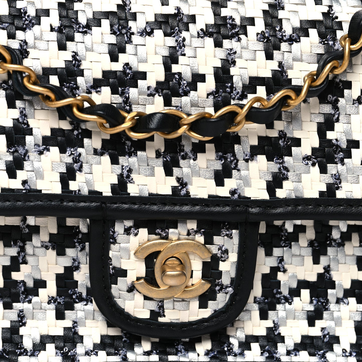 Metallic Lambskin Viscose Woven Flap Silver Black