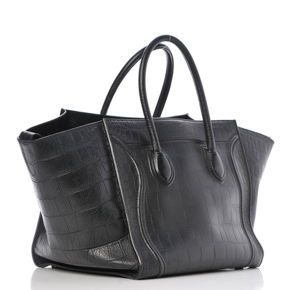 Celine Crocodile Embossed Calfskin Medium Phantom Luggage Black 3 of 10