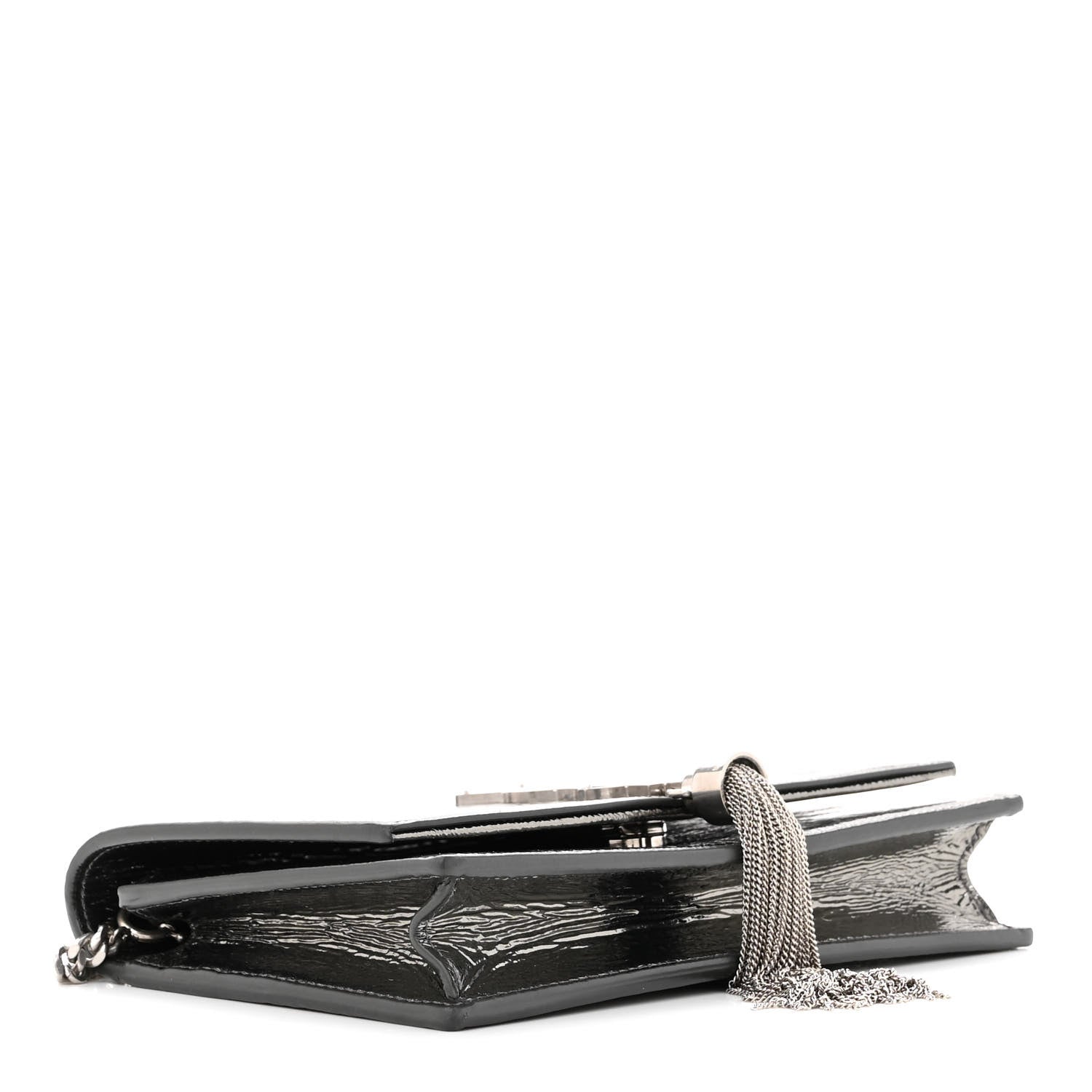 Saint Laurent Metallic Crackled Calfskin Kate Monogram Tassel Chain Wallet Antracite Black 4 of 16