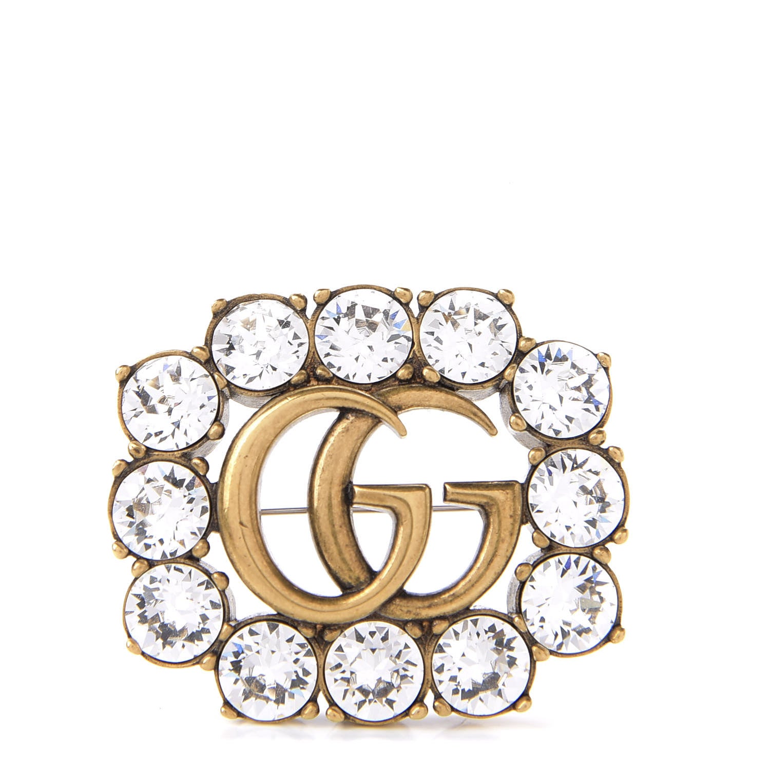 Gucci Metal Crystal Double G Brooch Aged Gold 1 of 5