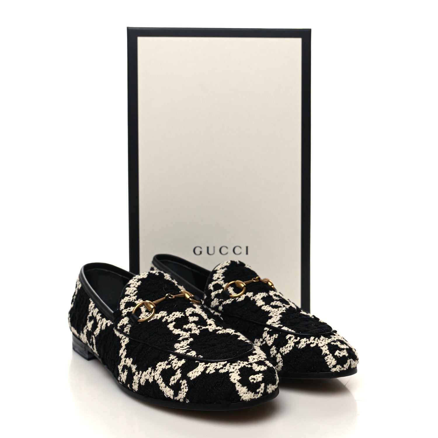 Gucci Tweed GG Monogram Horsebit Womens Jordaan Loafers 37.5 Black Natural 9 of 9