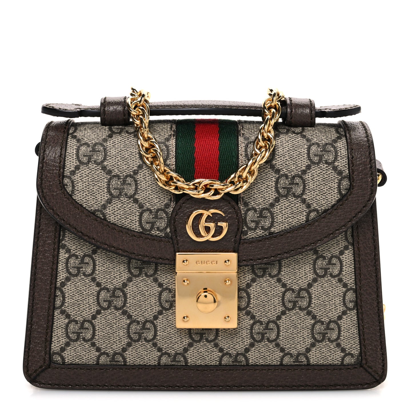 GG Supreme Monogram Textured Dollar Calfskin Web Mini Ophidia Padlock Top Handle Chain Shoulder Bag Beige Ebony New Acero