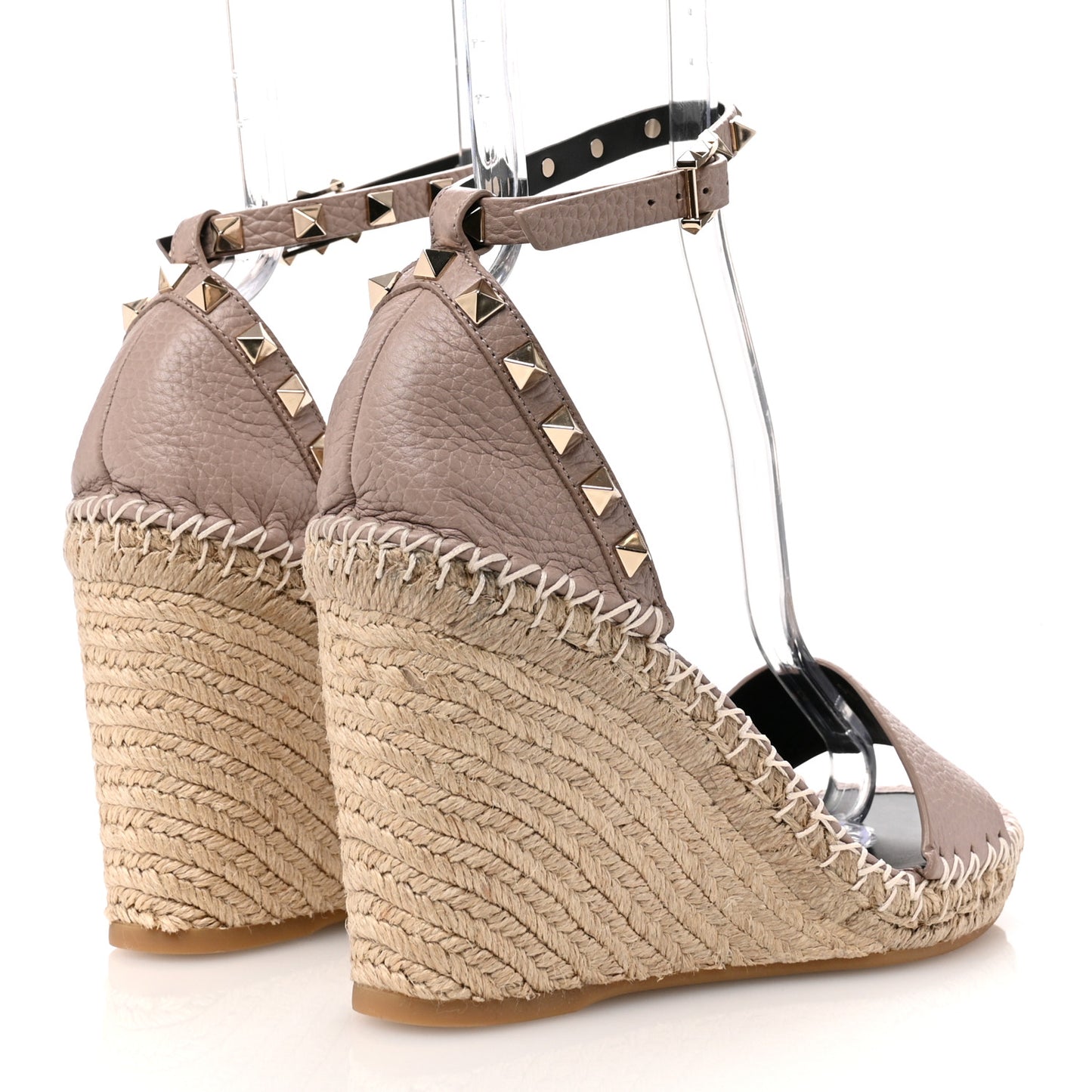 Grained Calfskin Rockstud Ankle Strap Espadrille 15/105mm Wedge Sandals 39 Poudre Natural
