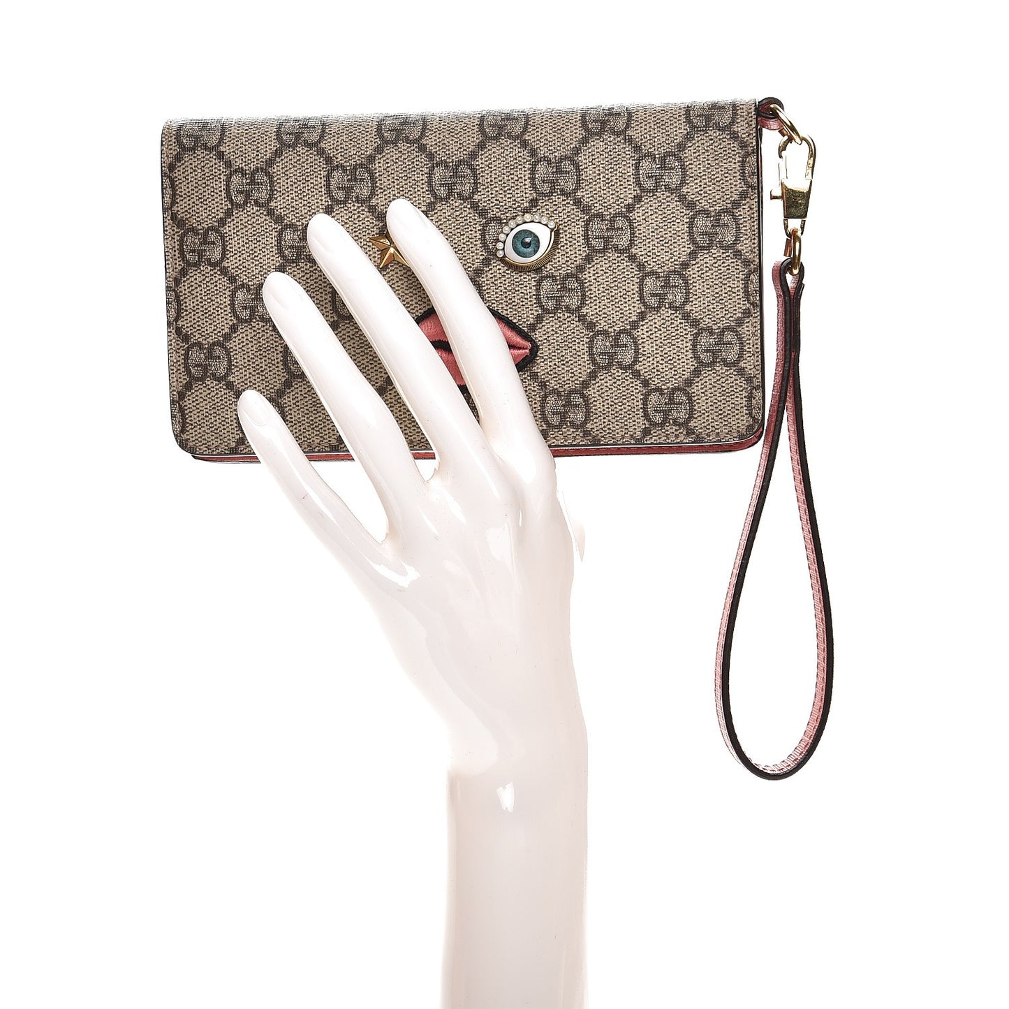 GG Supreme Monogram Embroidered Face iPhone 6 Case Wristlet Pink