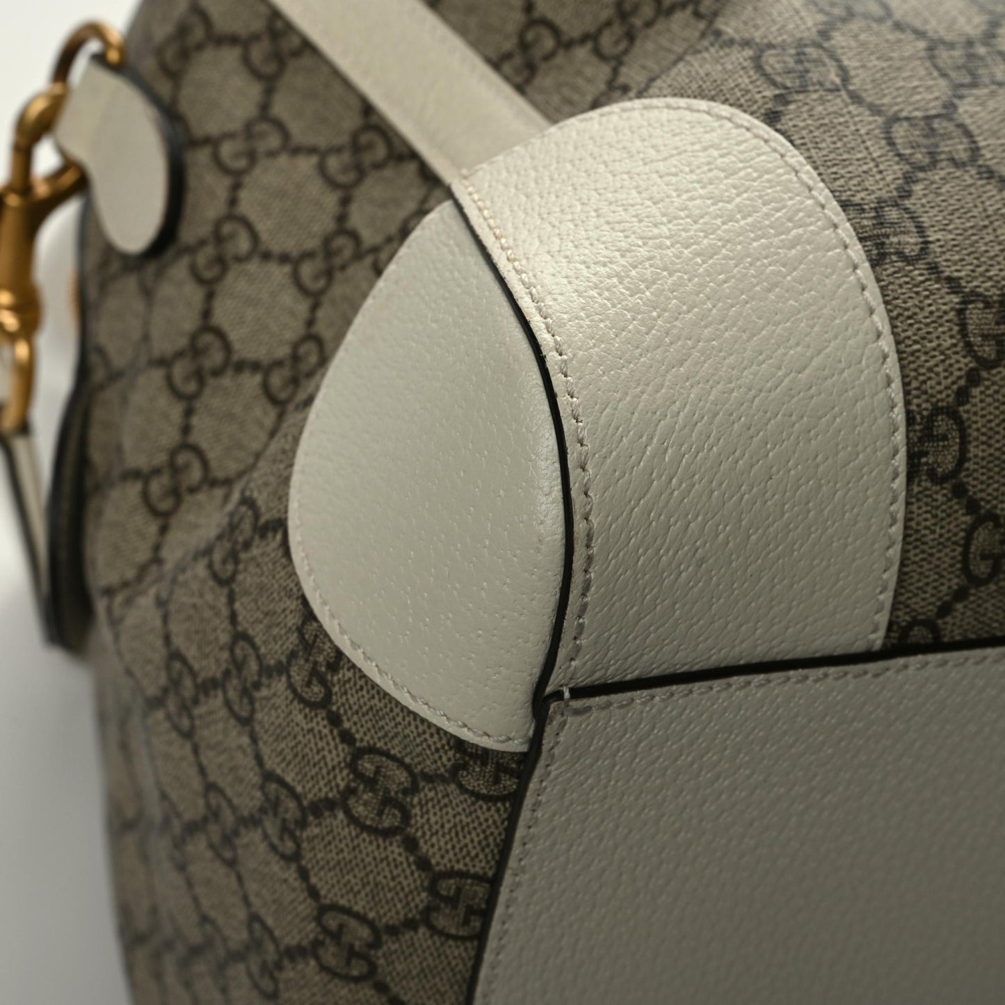 GG Supreme Monogram Textured Dollar Calfskin Web Medium Ophidia Duffle Bag Beige Ebony Mystic White