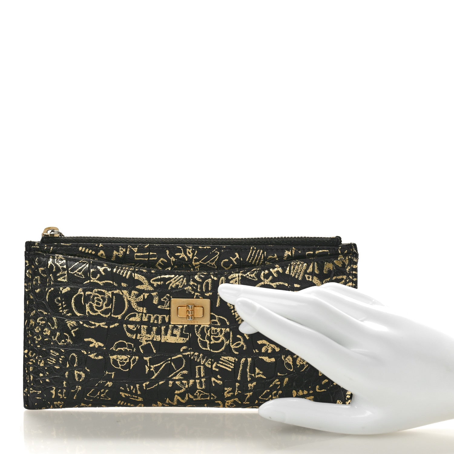Chanel Calfskin Crocodile Embossed Graffiti 2.55 Cocodile Reissue Zip Pouch Black Gold 2 of 8