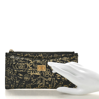 Chanel Calfskin Crocodile Embossed Graffiti 2.55 Cocodile Reissue Zip Pouch Black Gold 2 of 8