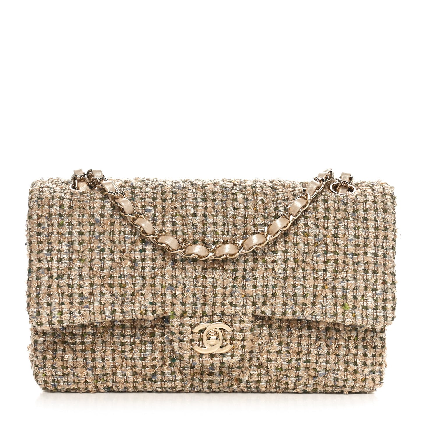 Tweed Quilted Medium Double Flap Beige Gold Multicolor