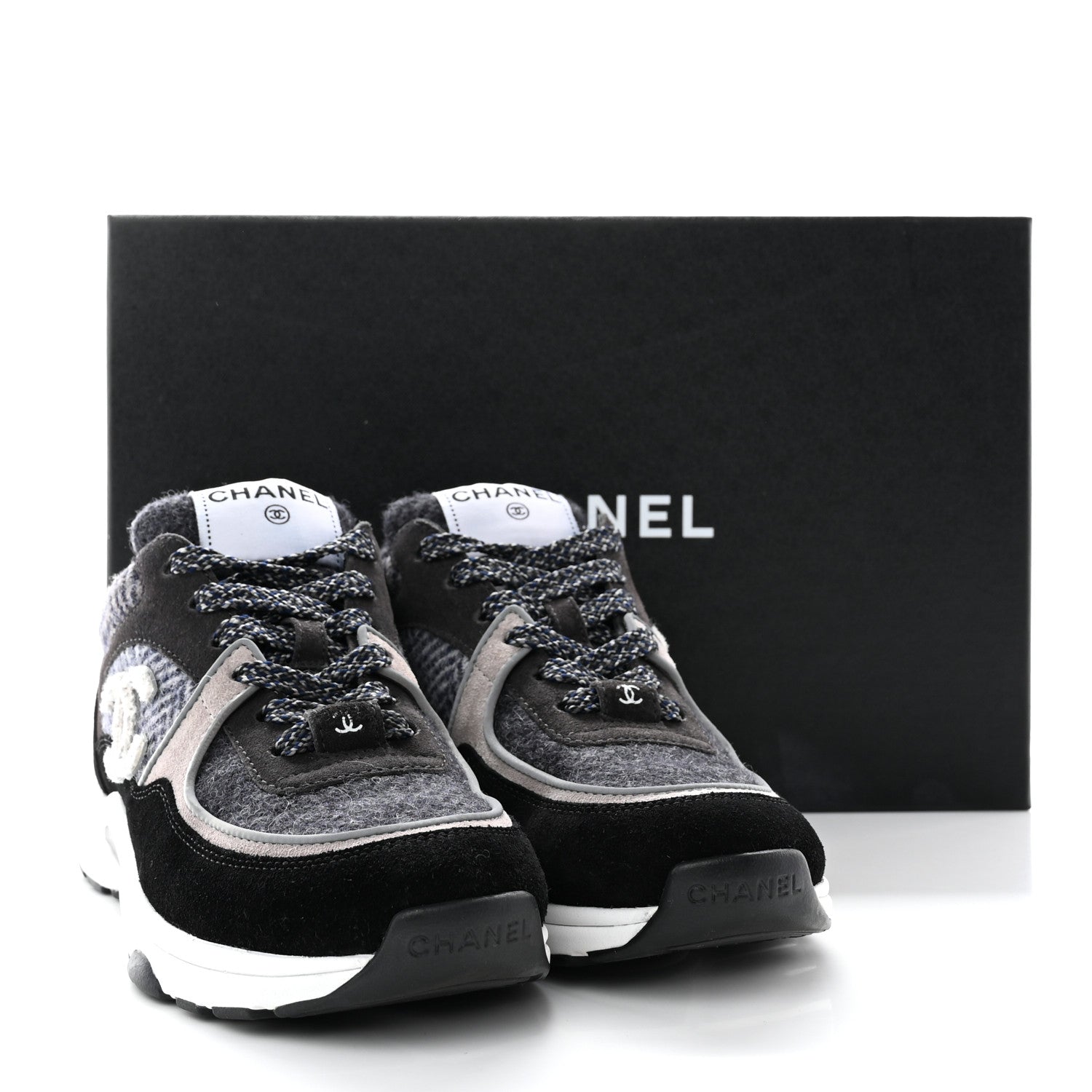 Chanel Tweed Suede Womens CC Sneakers 36 Black Grey 16 of 16