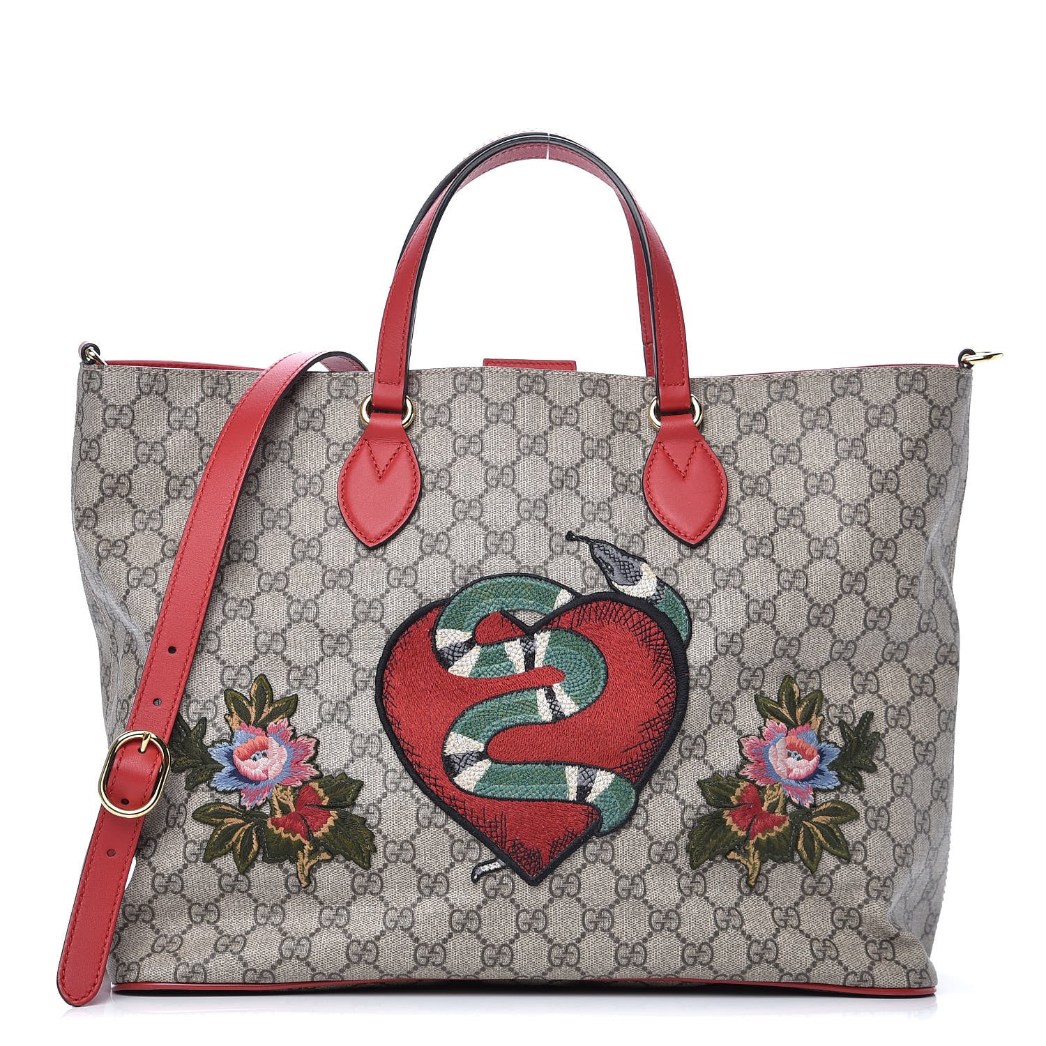 Gucci Soft GG Supreme Monogram Kingsnake Heart Embroidered Medium Crossbody Tote Beige Hibiscus Red 1 of 11