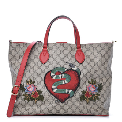 Gucci Soft GG Supreme Monogram Kingsnake Heart Embroidered Medium Crossbody Tote Beige Hibiscus Red 1 of 11