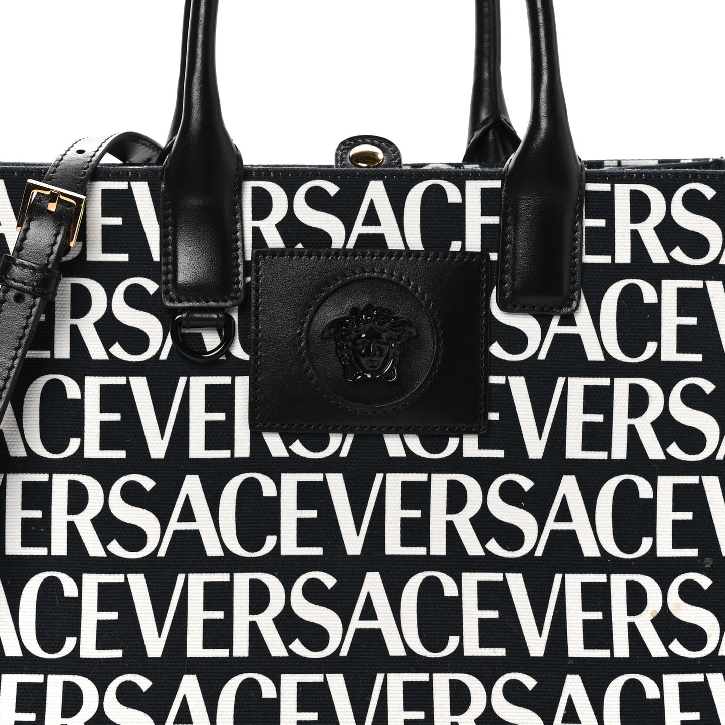 Canvas Calfskin Allover La Medusa Small Tote Black