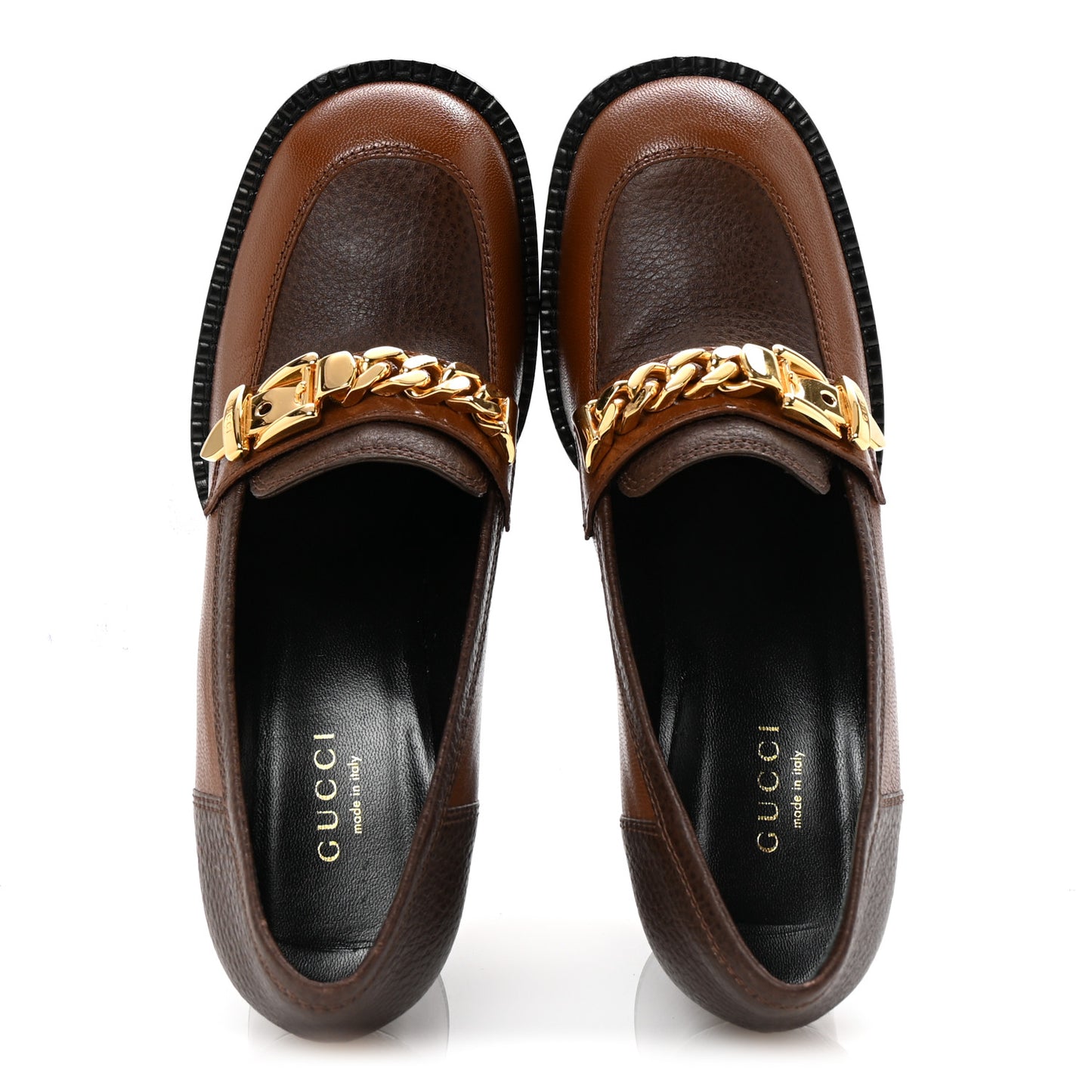 Goatskin Pebbled Calfskin Sylvie Chain Mid Heel Loafers 35.5 Brown