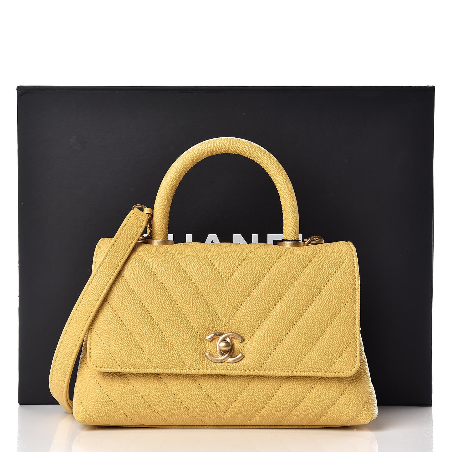 Caviar Chevron Quilted Mini Coco Handle Flap Yellow