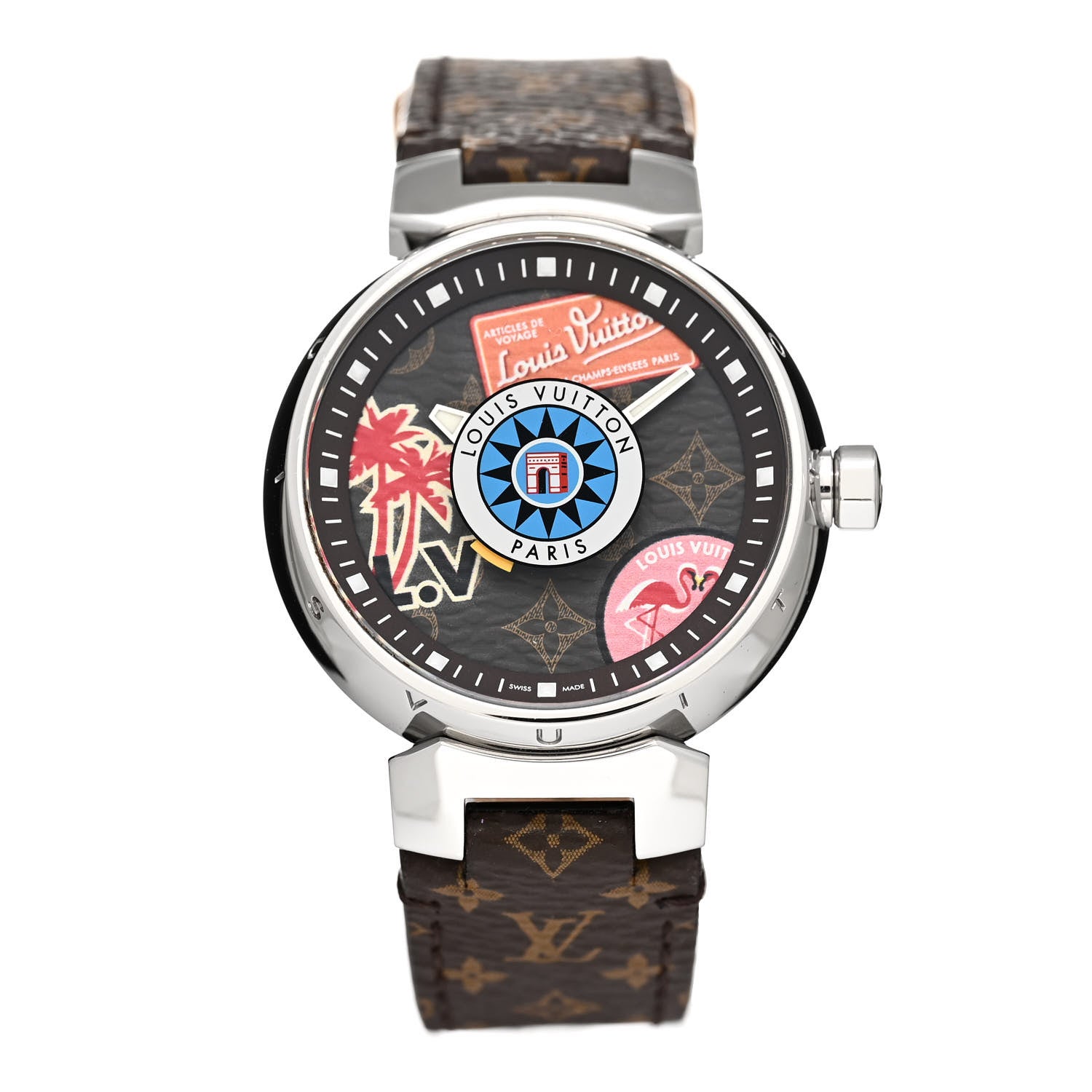 Louis Vuitton Stainless Steel Monogram 34mm Tambour World Tour Dial Quartz Watch 1 of 5