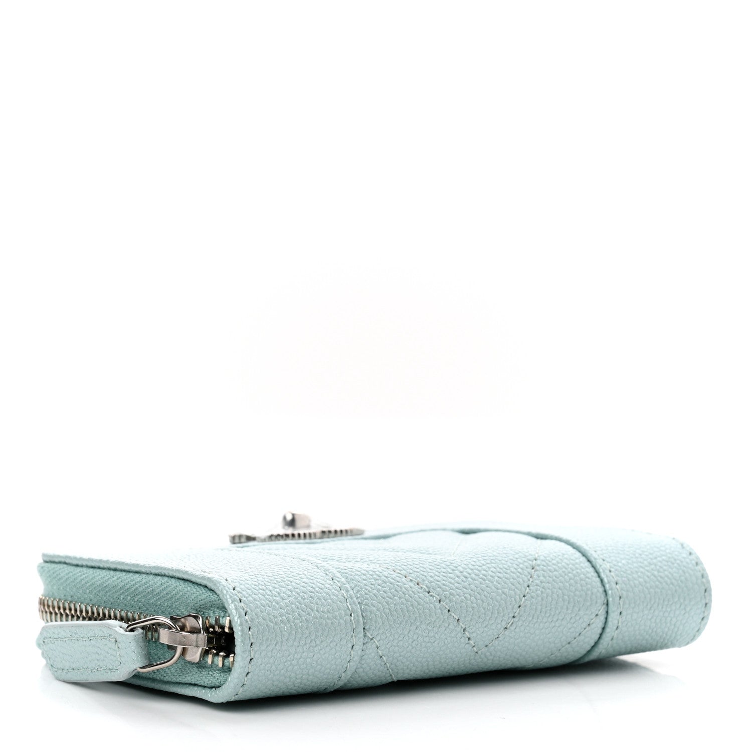 Chanel Metallic Caviar Chevron Quilted Vintage Mademoiselle Zip Coin Purse Light Blue 4 of 7