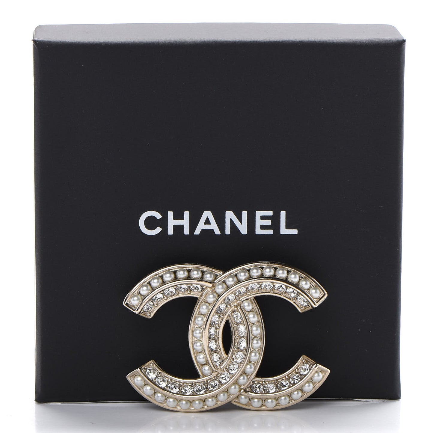 Crystal Pearl Chain Mania CC Brooch Gold
