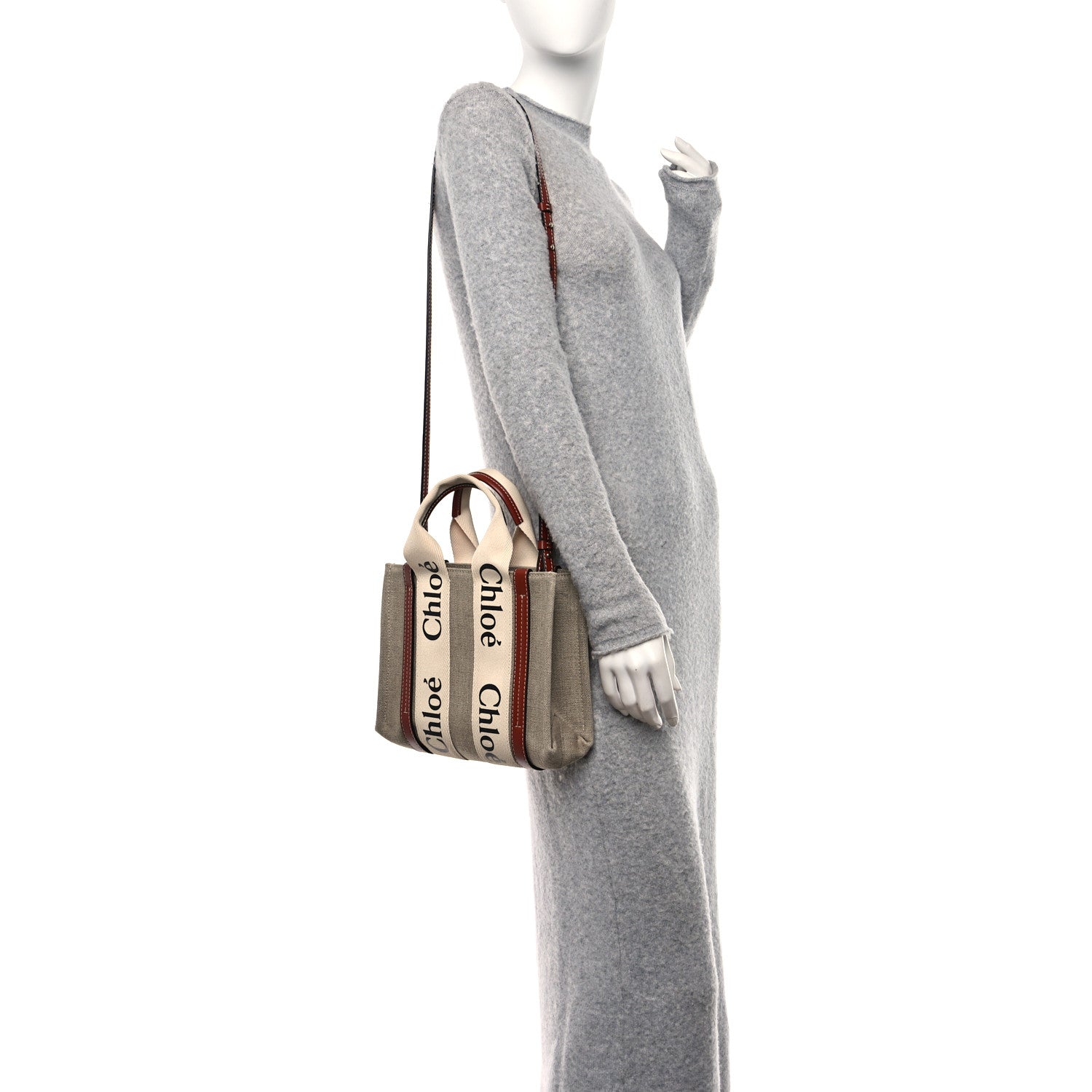 Chloe Linen Calfskin Small Woody Ribbon Tote With Strap White Brown 2 of 12