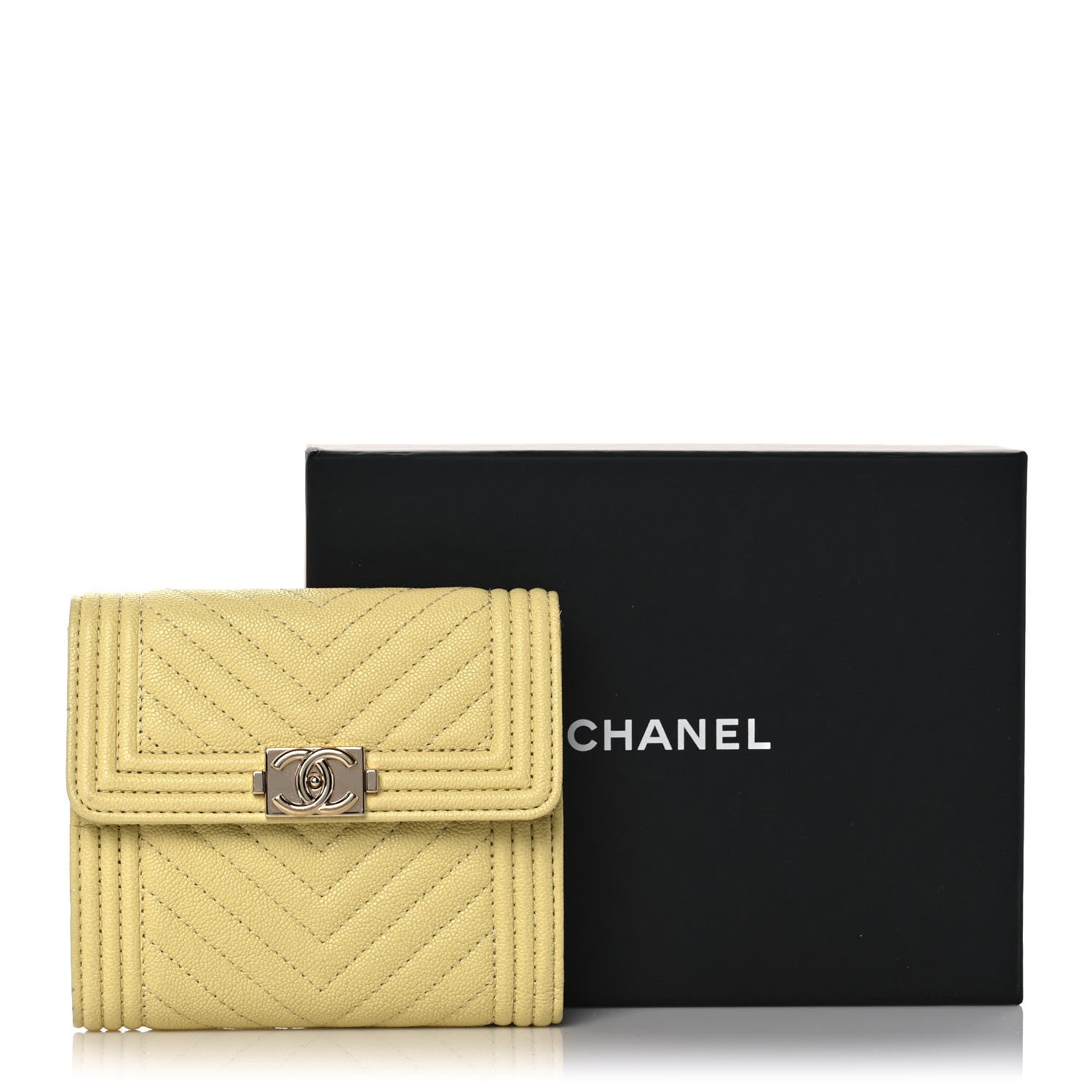 Chanel Caviar Chevron Quilted Boy Compact Wallet Yellow 11 of 11