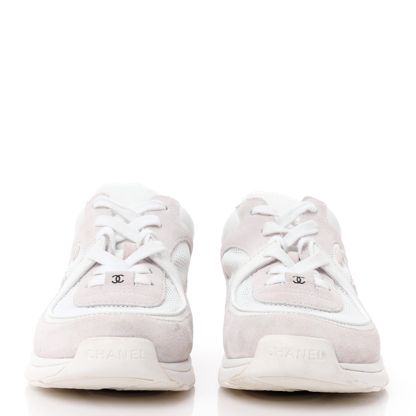 Mesh Suede Calfskin Grained Calfskin Womens CC Sneakers 39 White Grey