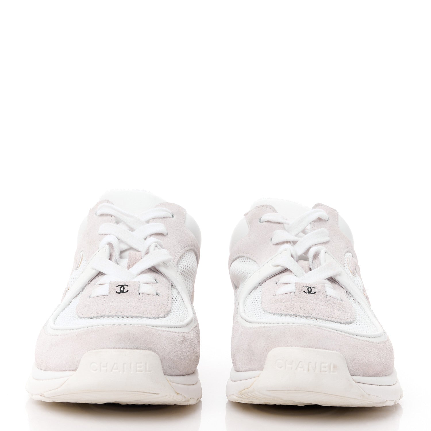 Chanel Mesh Suede Calfskin Grained Calfskin Womens CC Sneakers 39 White Grey 2 of 8