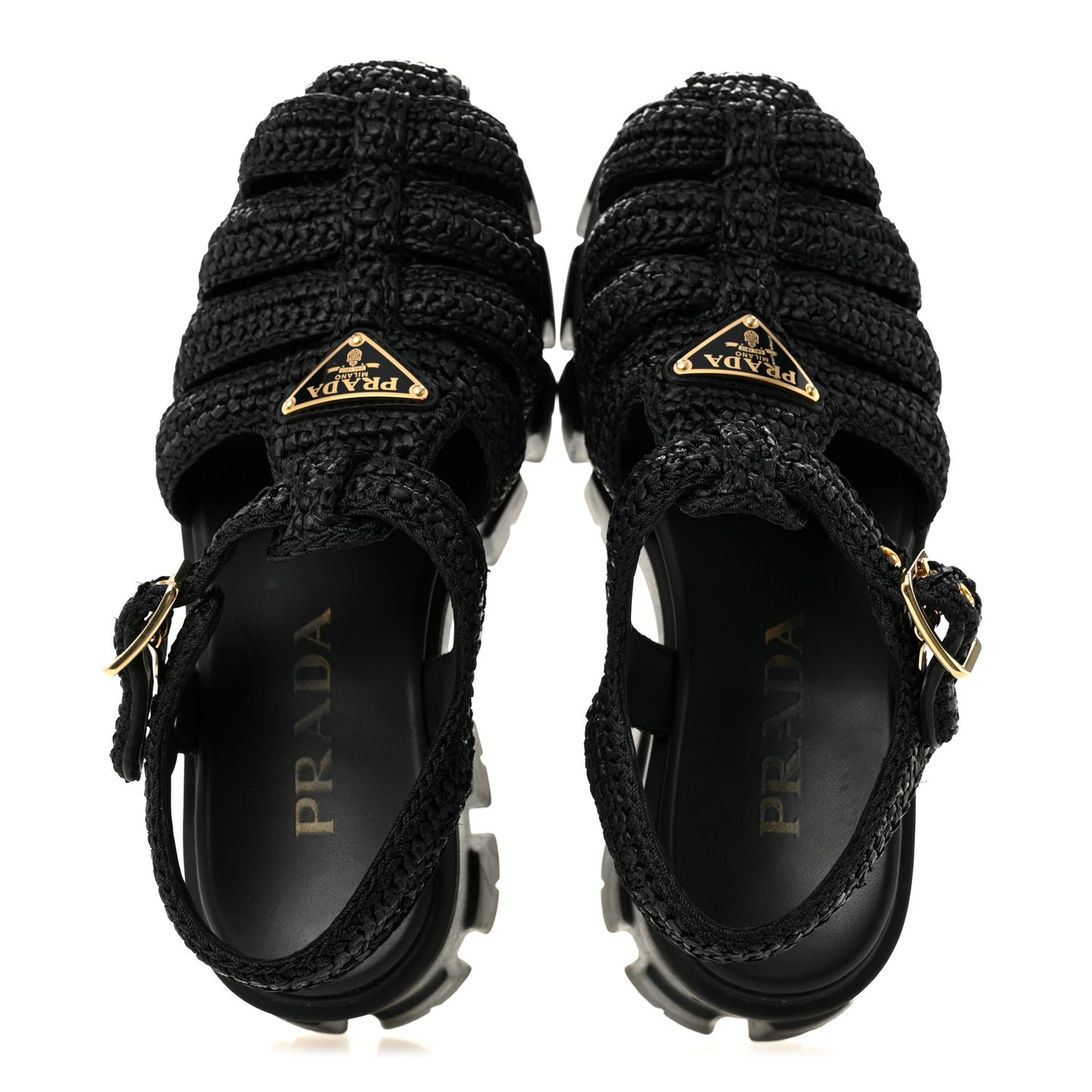 Raffia Metal Triangle Logo Crochet Monolith 55mm Cage Sandals 36 Black
