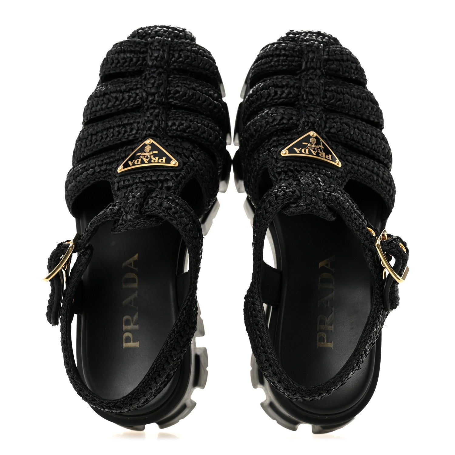 Prada Raffia Metal Triangle Logo Crochet Monolith 55mm Cage Sandals 36 Black 2 of 10