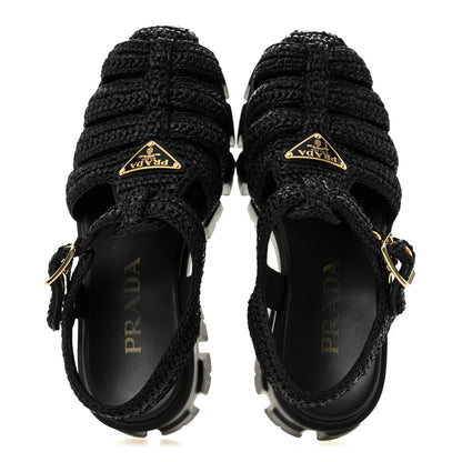 Prada Raffia Metal Triangle Logo Crochet Monolith 55mm Cage Sandals 36 Black 2 of 10