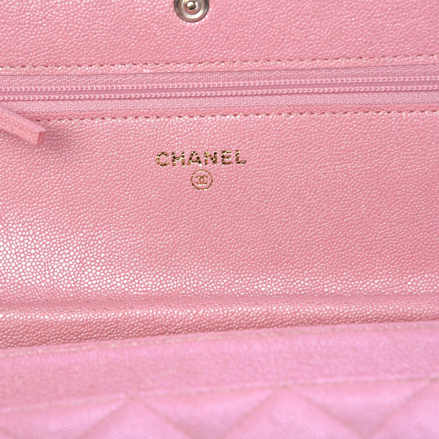 Iridescent Caviar Quilted Wallet on Chain WOC Rose Pink