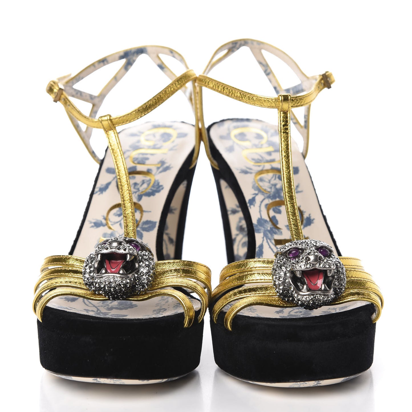 Velvet Nappa Elias T-Strap Platform High Heel Sandals 35.5 Black Gold