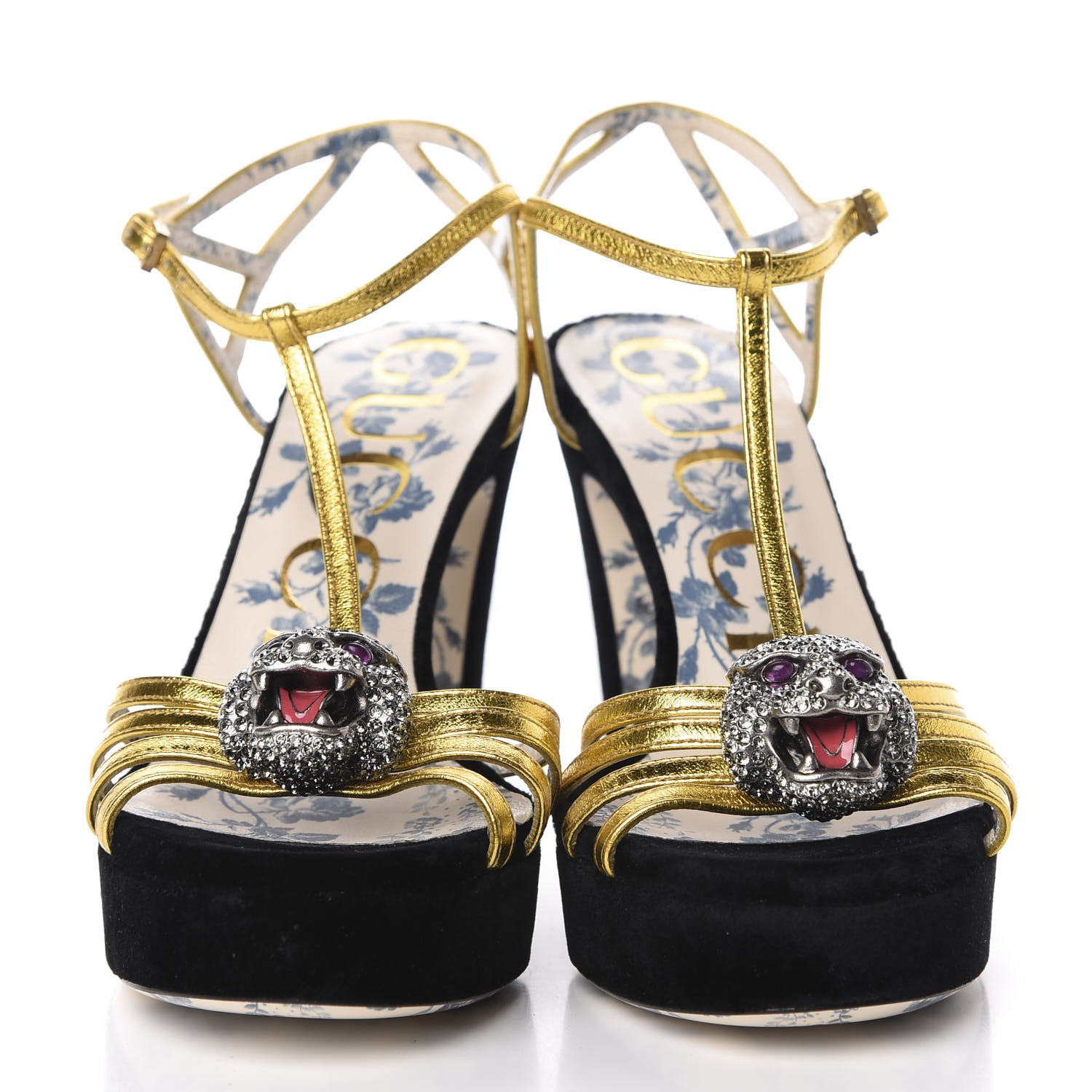 Gucci Velvet Nappa Elias T-Strap Platform High Heel Sandals 35.5 Black Gold 2 of 9