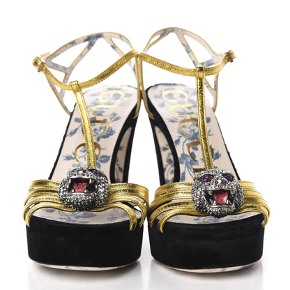 Gucci Velvet Nappa Elias T-Strap Platform High Heel Sandals 35.5 Black Gold 2 of 9