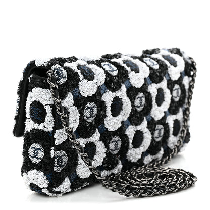 Chanel Satin Sequin Embellished Flower East West Flap Black White Blue 3 of 10