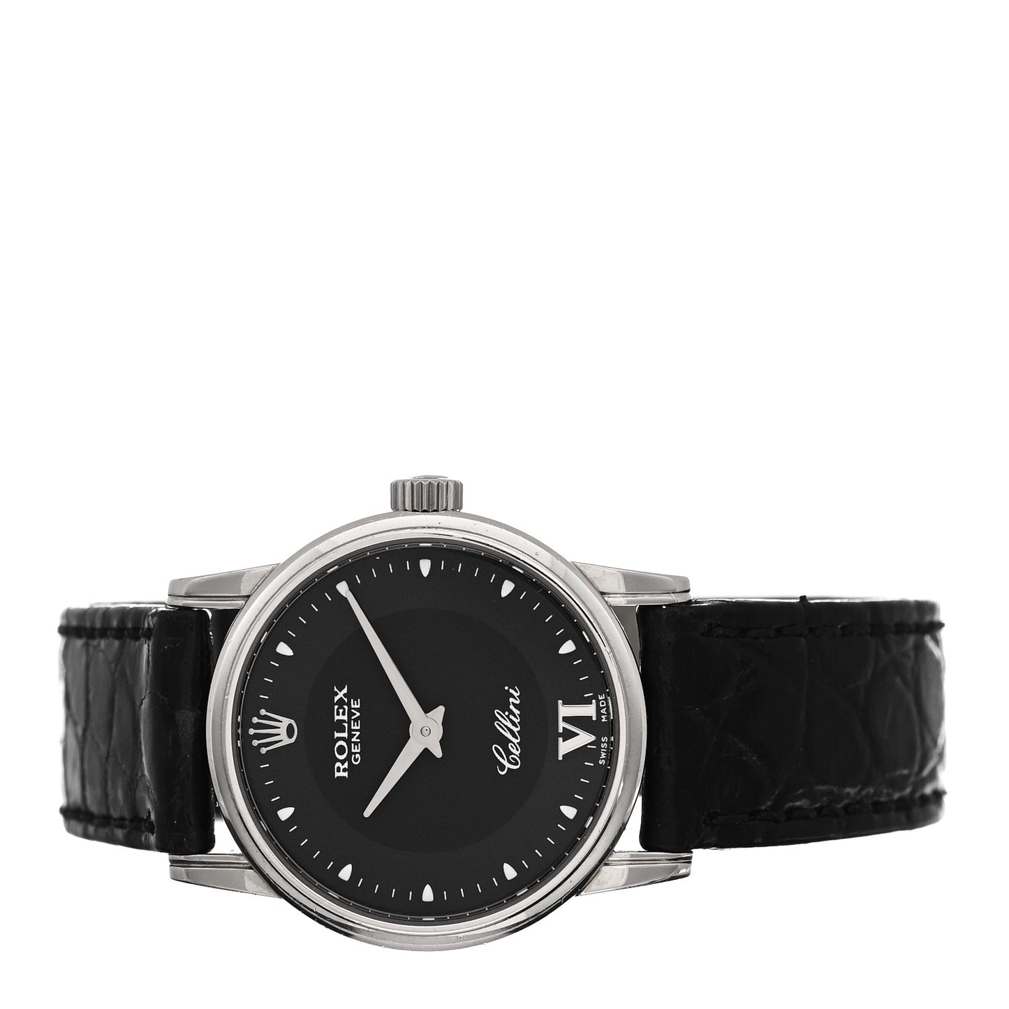 18K White Gold Alligator 25mm Cellini Quartz Watch Black 6111