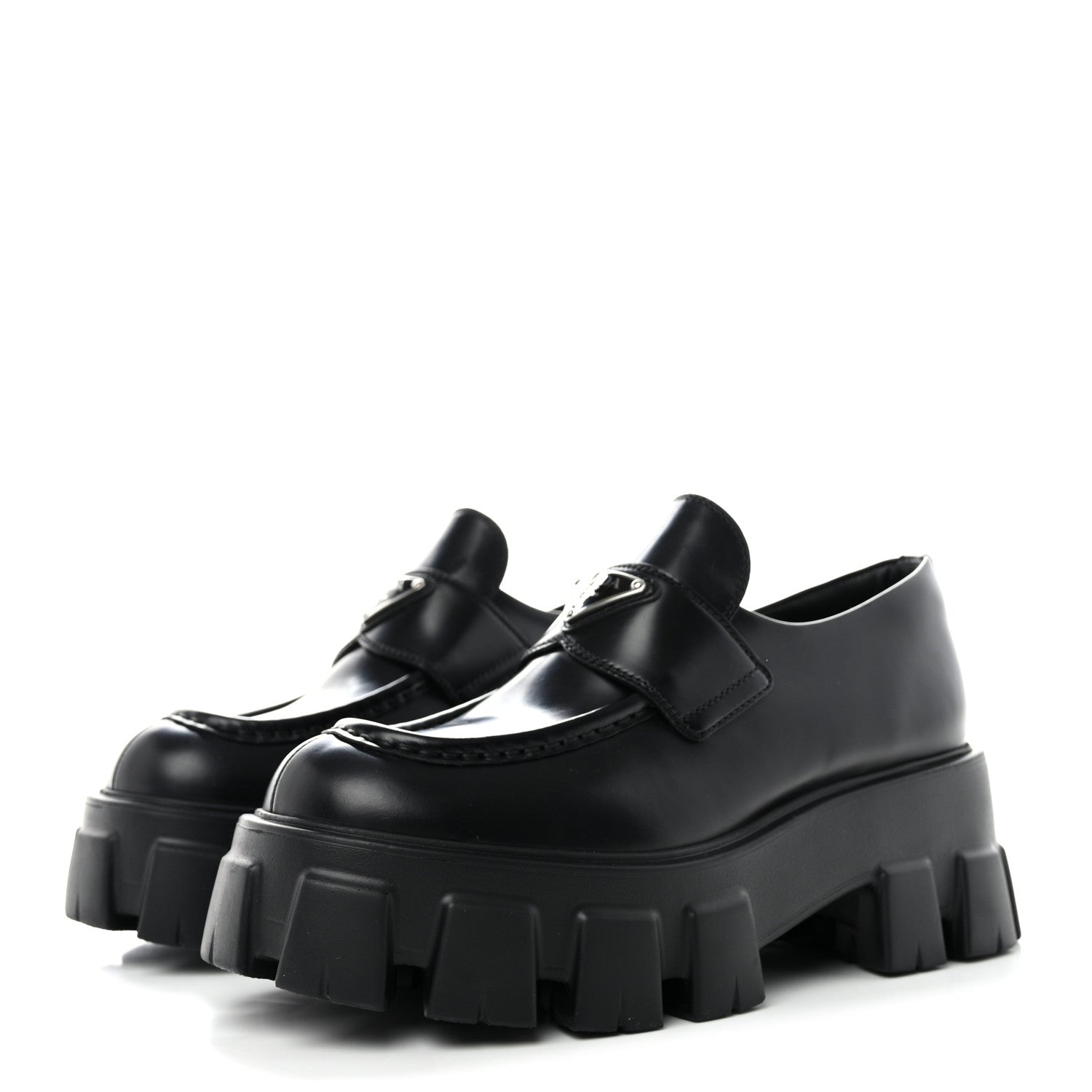 Prada Spazzolato Rois Metal Triangle Logo Monolith 55mm Loafers 38 Black 3 of 8