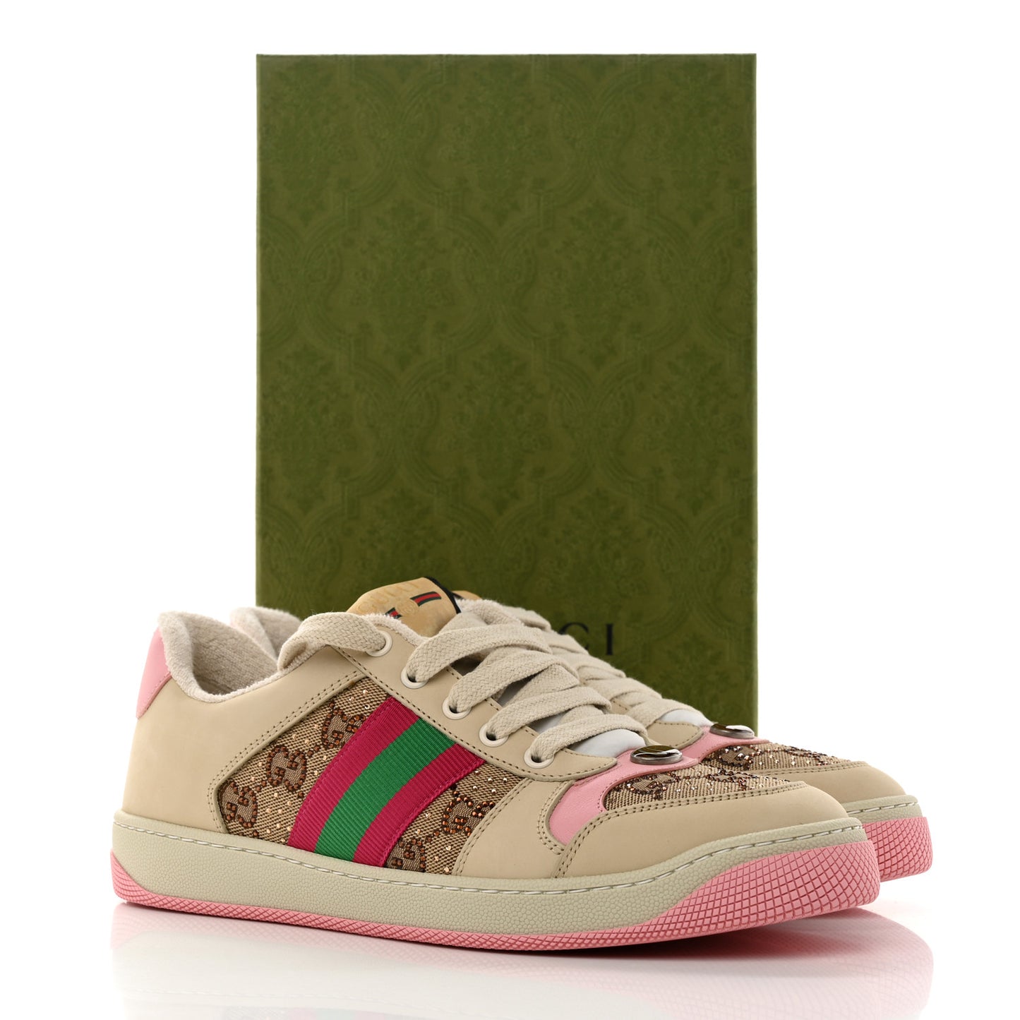 New GG Monogram Nubuck Web Crystal Embellished Womens Screener Sneakers 39 Camel Ebony Wild Rose