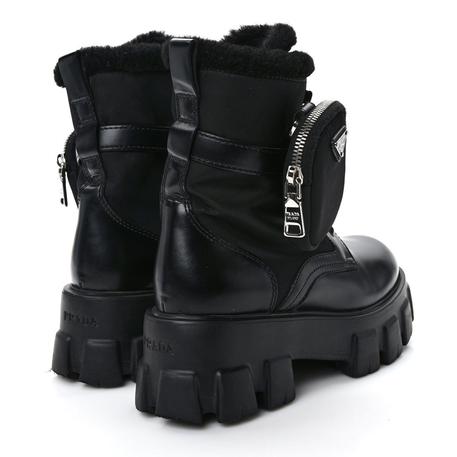 Prada Spazzolato Rois Nylon Shearling Metal Triangle Logo Monolith Pouch Pocket 55mm Boots 36.5 Black 4 of 11