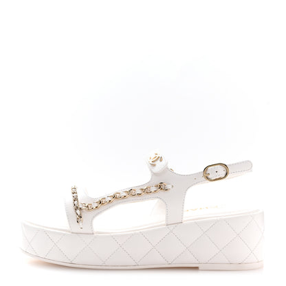 Chanel Lambskin Quilted Chain CC Platform Sandals 37.5 White 1 of 11