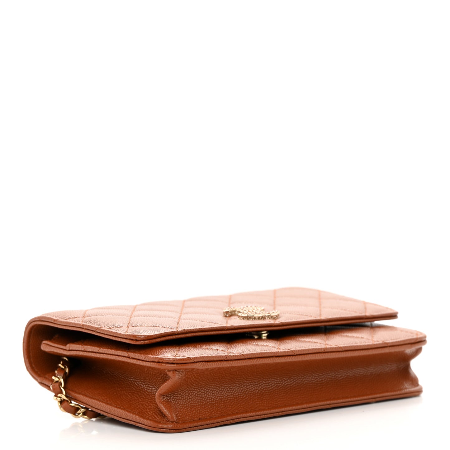 Shiny Caviar Quilted Strass Wallet On Chain WOC Light Brown