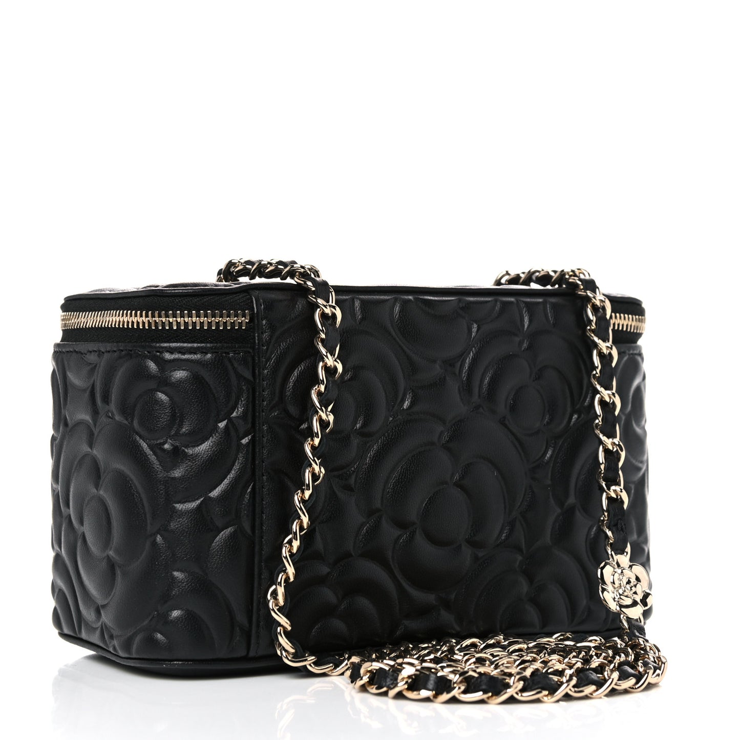 Lambskin Camellia Embossed Small Vanity Case With Chain Black