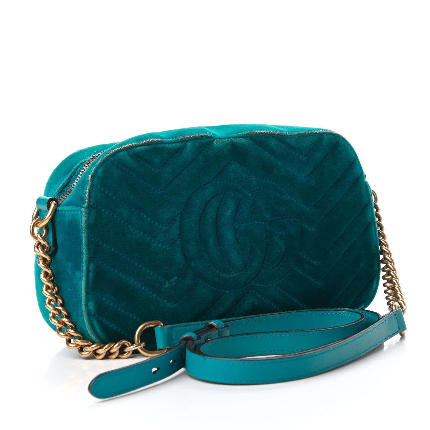 Velvet Matelasse Small GG Marmont Chain Shoulder Bag Pavone Cyan