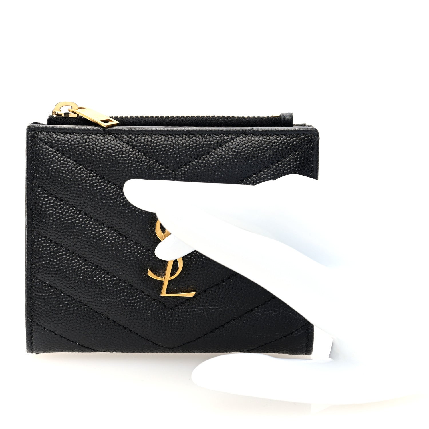 Saint Laurent Grain De Poudre Matelasse Chevron Monogram Zipped Two-Part Wallet Black 2 of 6