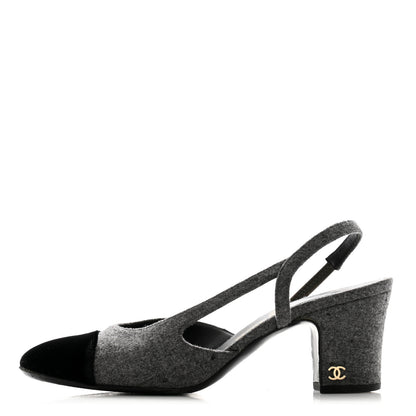 Chanel Wool Velvet Cap Toe CC Slingback Pumps 35 Black Grey 1 of 12