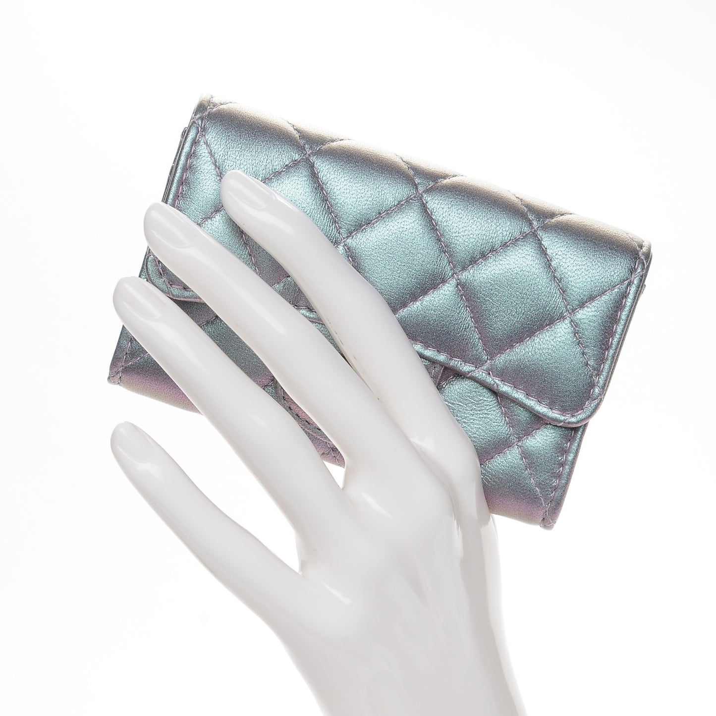 Iridescent Lambskin Quilted Reissue Flap Card Holder Light Purple