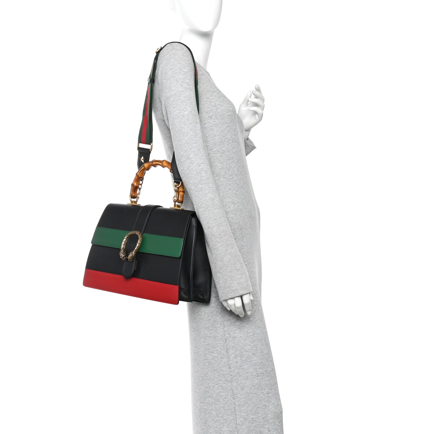 Gucci Calfskin Bamboo Web Large Dionysus Top Handle Bag Black Bright Evergreen Hibiscus Red 2 of 10