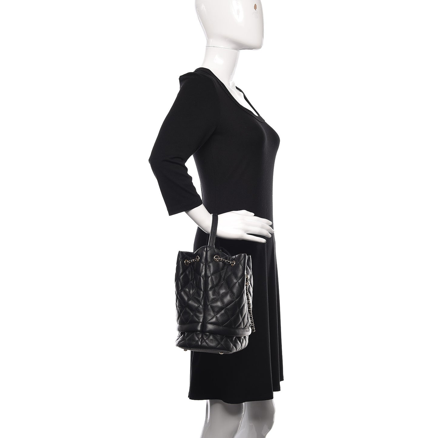 Caviar Quilted Large Rolled Up Bucket Drawstring Bag Black